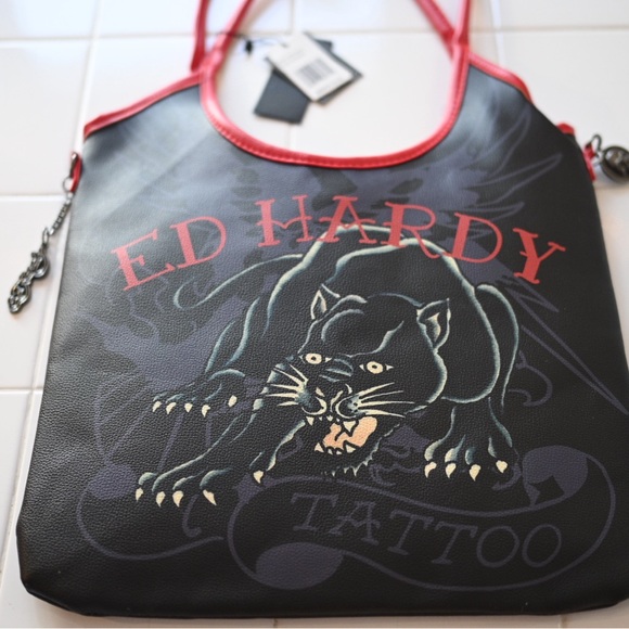 NWT Vegan Leather Ed Hardy Y2K Black Panther Rock Tote Bag Vintage - Picture 4 of 16